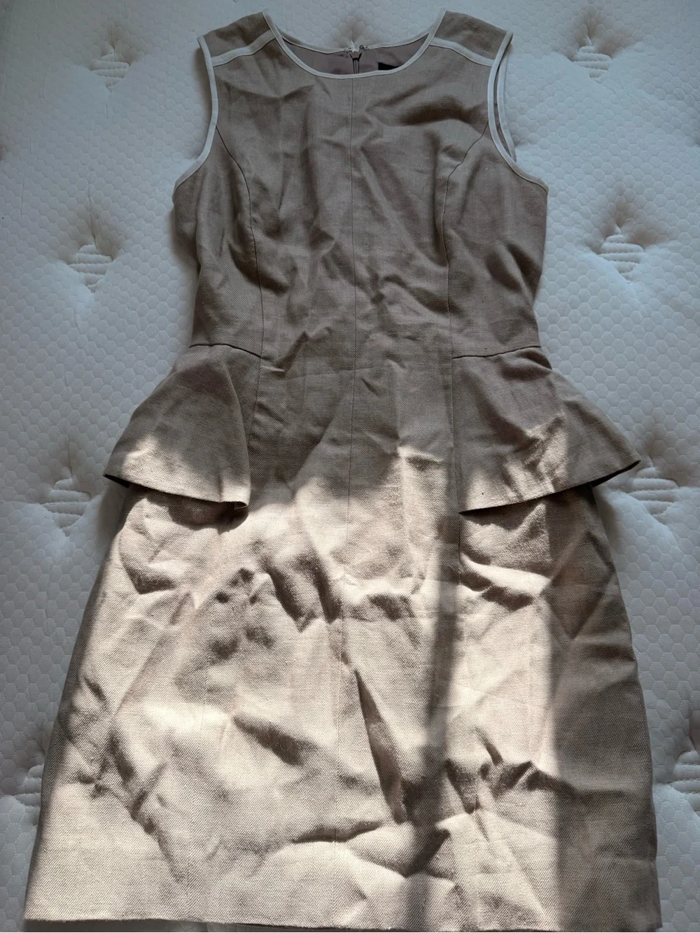 J. Crew Taupe Sleeveless Peplum Sheath Dress with White Trim